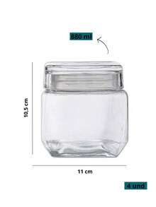 Kit 4 Square Airtight Pot Glass Lid Sophisticated Design Multipurpose Groceries 880ml - Trong sáng - Xem 4