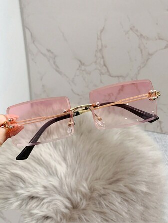 1 pieza Gafas de moda rectangulares sin marco metálicas, color rosa, de estilo moderno para uso al aire libre/viajes, colores brillantes para el verano, vacaciones en la playa, al aire libre, viajes, estilo preppy para volver a la escuela