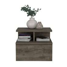 Floating Nightstand 12" H, Wall Mounted With Single Drawer And 2-Tier Shelf, Black Wood Nightstand - Caramel - C - View 2