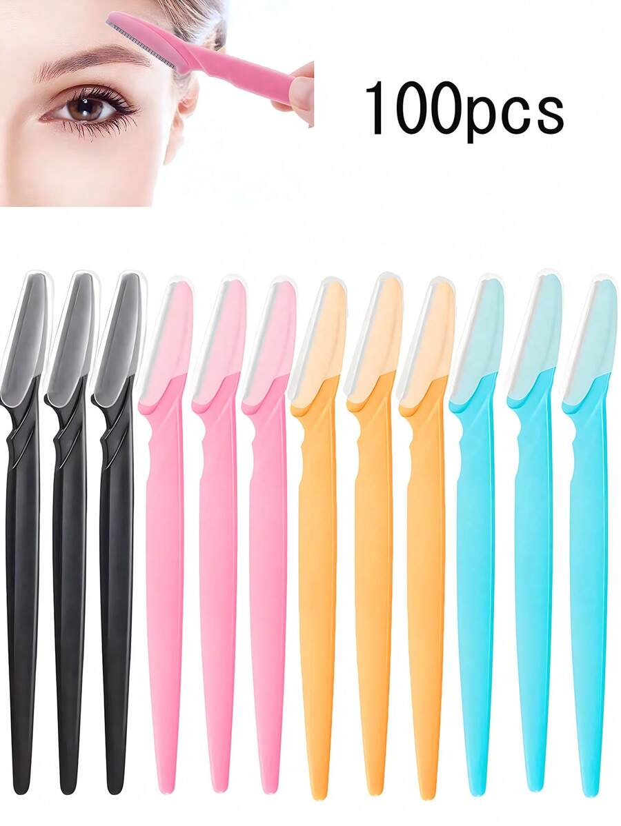 100pcs/Set Multicolor Grooming Eyebrow Razor & Shaver Set, Eyebrow Trimmer & Shaver, Exfoliating Dermaplaning Tool, Body Hair Removal Trimmer And Face & Eyebrow Razor Set Long Handle Blade With Precision Cover Women Eyebrow Shaping Tools Suitable For Or Travel Use