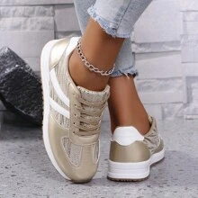 Women's Sports Shoes With Gold Sequins On The Side Of The Shoes, Willow Leaf Pattern, Double Stripes On The Side To Modify The Casual Style, Fashionable And Versatile, Non-Slip And Wear-Resistant Flat-Bottomed Low-Top Round-Toed Casual Sports Shoes, Suitable For Travel, Daily Wear, And Commuting - Gold - View 6