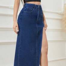 falda larga de mezclilla con abertura - Azul lavado oscuro - Ver 2