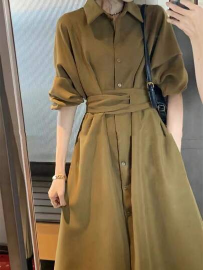 女士休闲长袖收腰衬衫裙