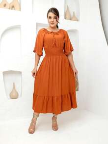 Women's Plus Size Curvy Flare Sleeve Midi Dress - 亮橙色 - 查看 3