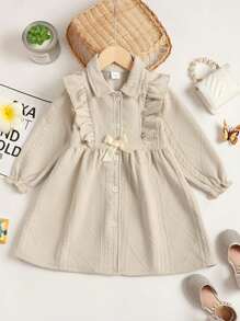 婴儿提花长袖连衣裙 - 卡其色 - 查看 1