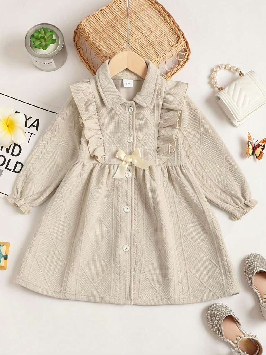 婴儿提花长袖连衣裙 - 卡其色 - 查看 1