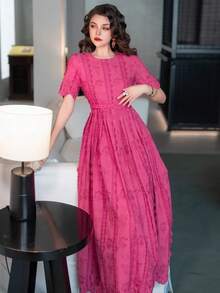 Váy dài thêu hoa dày thanh lịch cao cấp mùa hè mới mỏng eo màu đỏ hồng cho nữ, váy dạ hội bán trang trọng, dự tiệc sinh nhật, khách dự tiệc cưới, tốt nghiệp, tiệc tối, tiệc về trường - Màu Hồng Tươi - Xem 8