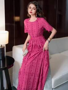 Váy dài thêu hoa dày thanh lịch cao cấp mùa hè mới mỏng eo màu đỏ hồng cho nữ, váy dạ hội bán trang trọng, dự tiệc sinh nhật, khách dự tiệc cưới, tốt nghiệp, tiệc tối, tiệc về trường - Màu Hồng Tươi - Xem 7