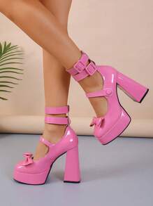 12cm Women Bowknot High Heels Shoes New Double Buckle Low Vamp Round Toe Fairy Style Chunky Heels