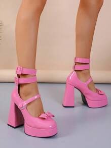 12cm Women Bowknot High Heels Shoes New Double Buckle Low Vamp Round Toe Fairy Style Chunky Heels