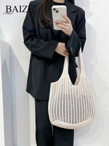 ENBEI 2026 New Fashion Women Large Capacity White Shoulder Bag, Dual Handle Tote Bag, Suitable For Casual And Daily Use, Knitted Handbag, Exquisite Shoulder Bag, Summer Beach Bag, Minimalist Hobo Bag, Knitted Storage Shopping Bag, Ladies Lightweight Vacation Bag - Beige - View 3