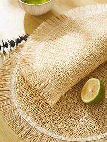 Fringe Paper Woven Round Placemat For Dining Table, Living Room, Homestay - Beige - View 8