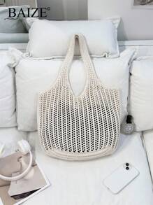 ENBEI 2026 New Fashion Women Large Capacity White Shoulder Bag, Dual Handle Tote Bag, Suitable For Casual And Daily Use, Knitted Handbag, Exquisite Shoulder Bag, Summer Beach Bag, Minimalist Hobo Bag, Knitted Storage Shopping Bag, Ladies Lightweight Vacation Bag - Beige - View 6