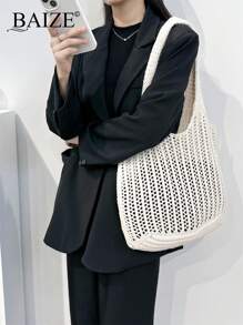 ENBEI 2026 New Fashion Women Large Capacity White Shoulder Bag, Dual Handle Tote Bag, Suitable For Casual And Daily Use, Knitted Handbag, Exquisite Shoulder Bag, Summer Beach Bag, Minimalist Hobo Bag, Knitted Storage Shopping Bag, Ladies Lightweight Vacation Bag - Beige - View 8