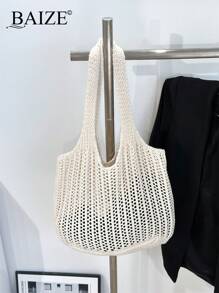 ENBEI 2026 New Fashion Women Large Capacity White Shoulder Bag, Dual Handle Tote Bag, Suitable For Casual And Daily Use, Knitted Handbag, Exquisite Shoulder Bag, Summer Beach Bag, Minimalist Hobo Bag, Knitted Storage Shopping Bag, Ladies Lightweight Vacation Bag - Beige - View 9