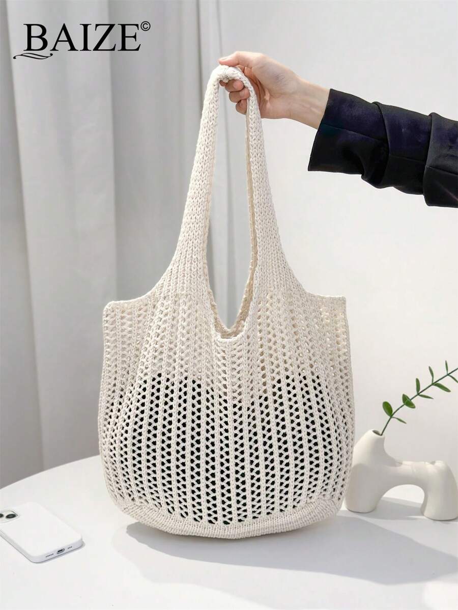 ENBEI 2026 New Fashion Women Large Capacity White Shoulder Bag, Dual Handle Tote Bag, Suitable For Casual And Daily Use, Knitted Handbag, Exquisite Shoulder Bag, Summer Beach Bag, Minimalist Hobo Bag, Knitted Storage Shopping Bag, Ladies Lightweight Vacation Bag