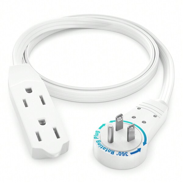 Maximm Cable 360° Rotating Flat Plug Extension Cord/Wire, 16 AWG Multi 3 Outlet Extension Wire, 3 Prong Grounded Wire - White - UL Certified
