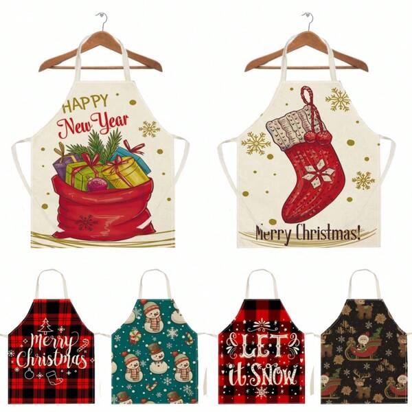 1pc Christmas Gift Snowman & Snowflake Plaid Santa Claus Pattern Linen Fashion Apron, Home Cleaning Kitchen Cooking Household Use