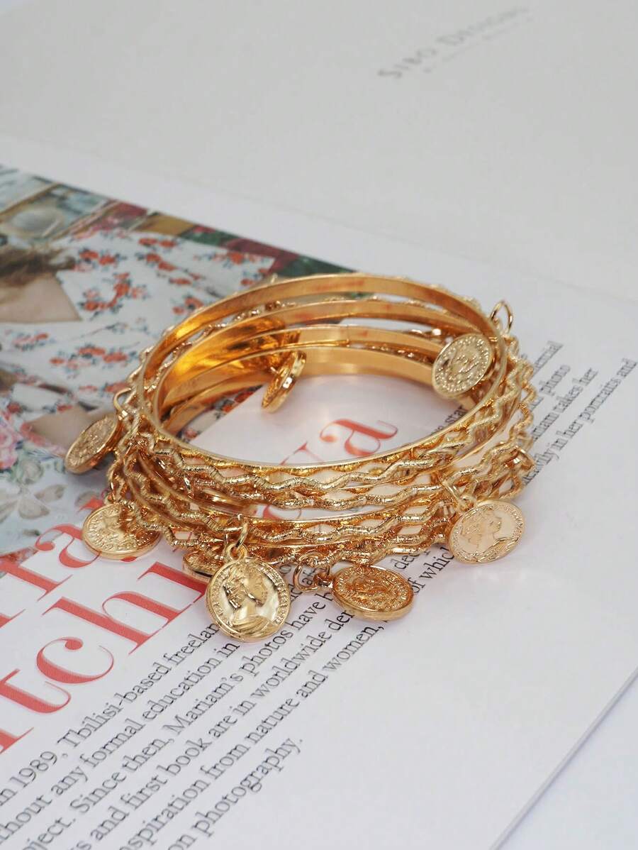 5 件/套时尚首饰 - 美女头波浪手镯 - 金色 - 查看 1