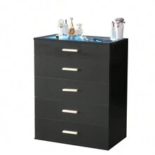 Black Pitted Particleboard With Triamine Coating, Tempered Glass 66*35*83cm, Visible Side Of Cabinet, Five Drawers, Drawer Cabinet With RGB Light - 黑色 - 查看 7
