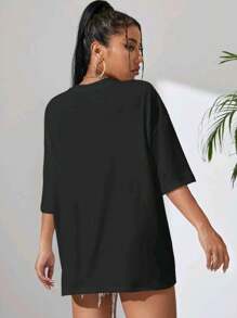 Oversized Women's Casual Shoulder T-Shirt 100% Cotton With Letter Elementals Fear Of Gold Printed - 黑色 - 查看 2