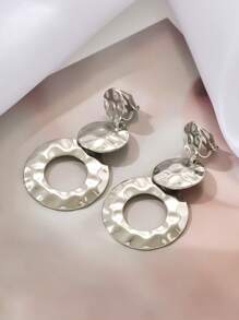 2pcs Metal Geometric Round Clip Earrings, Exaggerated Vintage Smooth Textured Non-Pierce Earrings For Party Wear - Circle - View 4