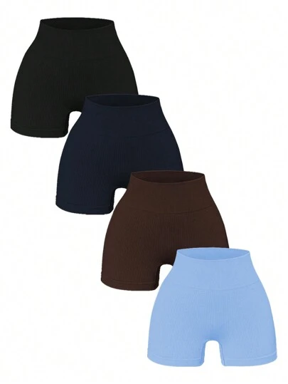 4条装女士无缝瑜伽短裤，高腰高弹，吸湿排汗，纯色，百搭日常运动短裤，夏季款