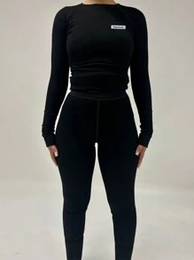 两件套女士字母装饰插肩袖长袖紧身上衣和打底裤套装 黑色 春季 - 黑色 - 查看 2