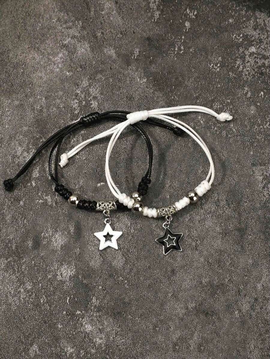 2 Pieces Of Fashionable Simple Creative Ins Black And White With Couple Rhinestone Cross Hand-Woven Rope Bracelet Set Valentine's Day Gift Bracelet Women Bracelet Couple Bracelet,Mom,Mother,Mother's Day,Gift - Black and White - View 1