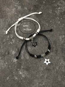 2 Pieces Of Fashionable Simple Creative Ins Black And White With Couple Rhinestone Cross Hand-Woven Rope Bracelet Set Valentine's Day Gift Bracelet Women Bracelet Couple Bracelet,Mom,Mother,Mother's Day,Gift - Black and White - View 5