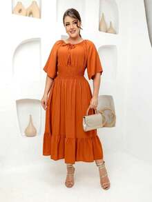 Women's Plus Size Curvy Flare Sleeve Midi Dress - 亮橙色 - 查看 1
