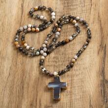 1pc Springtime Fashion Bohemia Style Natural Stone & Glass Beads Knotted Necklace With Cross Pendant, For Sweater Chain
