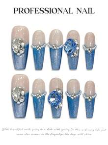 10PCS Blue Tip False Nails With Rhinestone Decor Ultra-Flexible Long Lasting Fake Nails For Professional Nail Art Salon Supply - Blue - View 6
