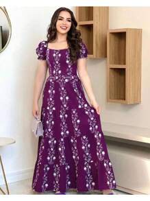 Women's Long Tricoline Puff Sleeve Dress - Gỗ đỏ - Xem 2