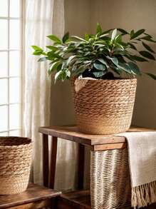 1pc Woven Seagrass Plant Basket, Indoor Woven Flower Pot, Indoor Outdoor Garden Decor, Woven Planter Basket For Potted Greenery