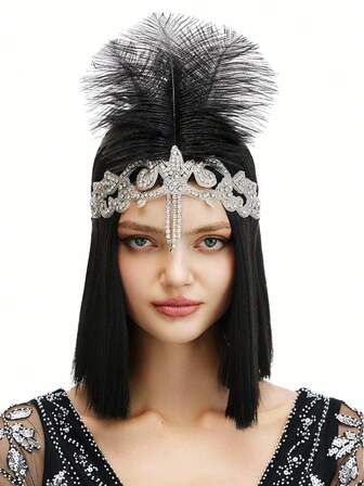1 buc. Bandă de păr Flapper anii 1920 - Bandă de păr cu cristale pentru dansatoare din anii 1920, model Great Gatsby, cu pene, Halloween