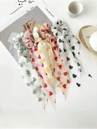 5 件装 女士甜美优雅面料心形印花发圈 马尾辫发夹 波西米亚风发饰