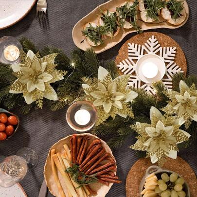 10个闪亮人造花头，适用于圣诞树花环DIY装饰，适合圣诞节、婚礼派对、节日装饰（金色）