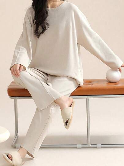 AICJ 2pcs/Set Women 4-Season Waffle Texture Casual Solid Color Sleepwear Homewear Suit With Long Sleeve Top And Pants, Spring/Autumn/Winter,Two Pieces Set Cozy Outfit, Fall Clothes