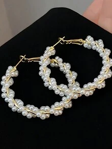 1對/2入組925純銀針珍珠耳環，優質，夏日必備，獨特設計，派對、外出、好友禮物及女士配飾首選 - 珍珠耳圈 - 查看 7