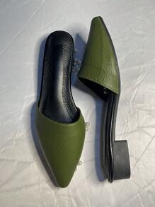 Women's Retro Pointed Toe Green Mule Heels, Elegant, Simple Low Heel Shoes For Daily Commute In Neutral Colors, Handmade (Size Runs Small, Recommend Ordering One Size Up) - Dark Green - View 4