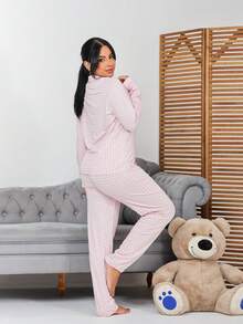 Textured Women's Long Sleeve Pajamas Set Blogger Button Closure Long Sleeve Pants Plumene - 淺粉色 - 查看 2