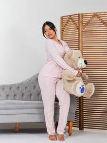 Textured Women's Long Sleeve Pajamas Set Blogger Button Closure Long Sleeve Pants Plumene - 淺粉色 - 查看 5