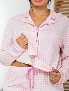 Textured Women's Long Sleeve Pajamas Set Blogger Button Closure Long Sleeve Pants Plumene - 淺粉色 - 查看 4
