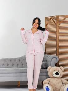 Textured Women's Long Sleeve Pajamas Set Blogger Button Closure Long Sleeve Pants Plumene - 淺粉色 - 查看 1