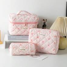 1pc Large Capacity Polyester Polka Dot Bow Makeup Bag, Quilted Cosmetic Bag For Daily Use, Travel, Sweet Student Design, Soft Handheld Toiletry Bag - Pink - View 1