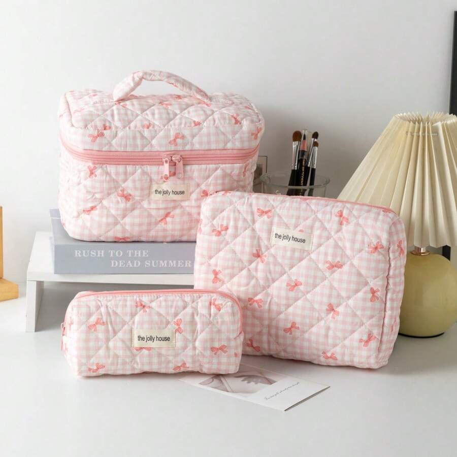 1pc Large Capacity Polyester Polka Dot Bow Makeup Bag, Quilted Cosmetic Bag For Daily Use, Travel, Sweet Student Design, Soft Handheld Toiletry Bag - Pink - View 1