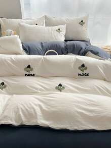 Set de ropa de cama de 3/4 piezas para niños, de unicolor con bordado, funda de edredón de gasa de doble capa suave, adecuado para todas las estaciones - Blanco - Ver 3