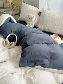 Set de ropa de cama de 3/4 piezas para niños, de unicolor con bordado, funda de edredón de gasa de doble capa suave, adecuado para todas las estaciones - Blanco - Ver 4