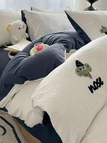 Set de ropa de cama de 3/4 piezas para niños, de unicolor con bordado, funda de edredón de gasa de doble capa suave, adecuado para todas las estaciones - Blanco - Ver 6